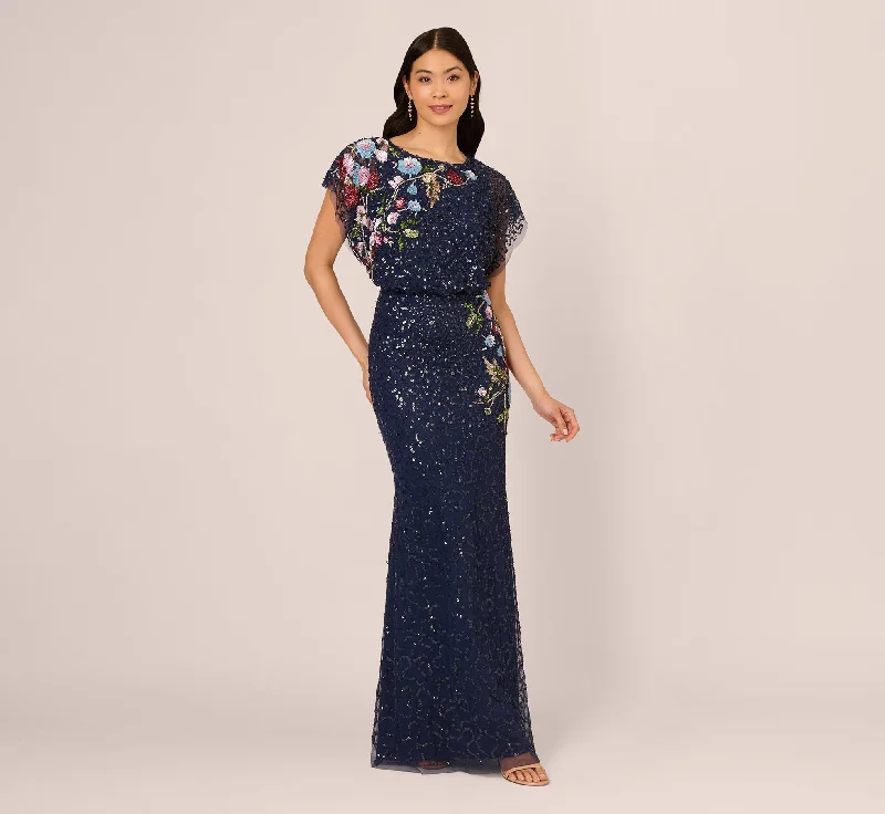 formal dresses with asymmetrical hemlines for trendy looks --Multicolor Floral Beaded Mermaid Gown With Dolman Sleeves In Midnight Multi formal dresses with asymmetrical hemlines for trendy looks --Multicolor Floral Beaded Mermaid Gown With Dolman Sleeves In Midnight Multi