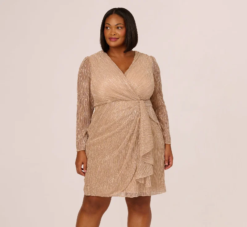 Comfortable spring dresses for long days at work -Plus Size Metallic Long Sleeve Dress With Draped Details In Light Gold Comfortable spring dresses for long days at work -Plus Size Metallic Long Sleeve Dress With Draped Details In Light Gold