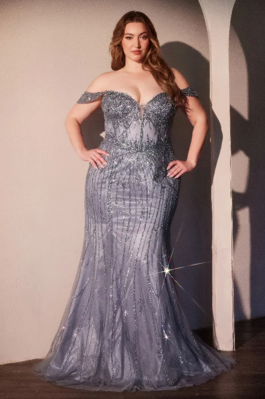 cocktail dresses with ruched bodices for flattering fit --Plus Size Fitted Off Shoulder Gown by Ladivine CC341C - Outlet