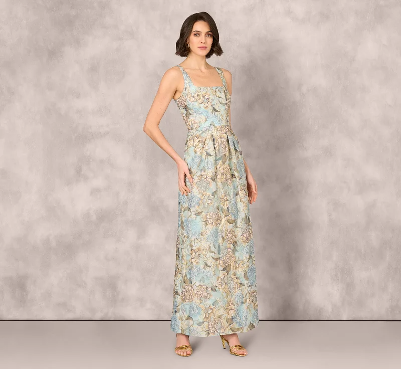 formal dresses for holiday parties in jewel tones --Sleeveless Square Neck Floral Jacquard Column Gown In Blue Gold formal dresses for holiday parties in jewel tones --Sleeveless Square Neck Floral Jacquard Column Gown In Blue Gold