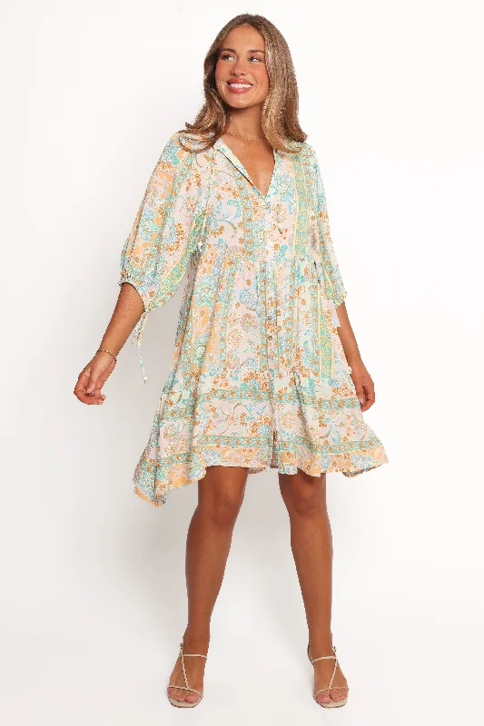 Spring dresses with chiffon skirts for lightness and movement -Arden Mini Dress - Green Multi Spring dresses with chiffon skirts for lightness and movement -Arden Mini Dress - Green Multi
