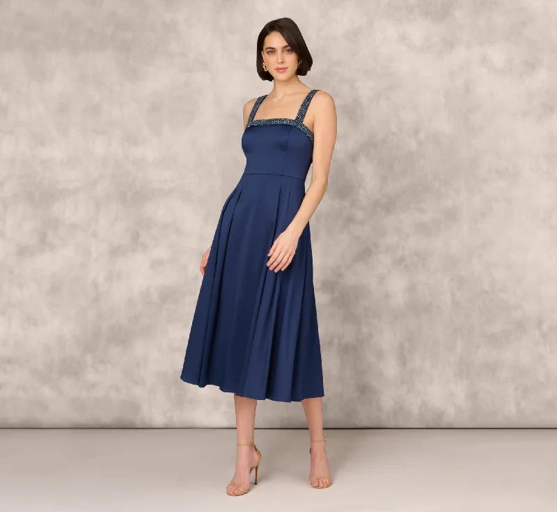 Wedding guest dresses with off-shoulder necklines for a graceful touch -Stretch Mikado Midi Dress With Beaded Neckline And Straps In Navy Wedding guest dresses with off-shoulder necklines for a graceful touch -Stretch Mikado Midi Dress With Beaded Neckline And Straps In Navy