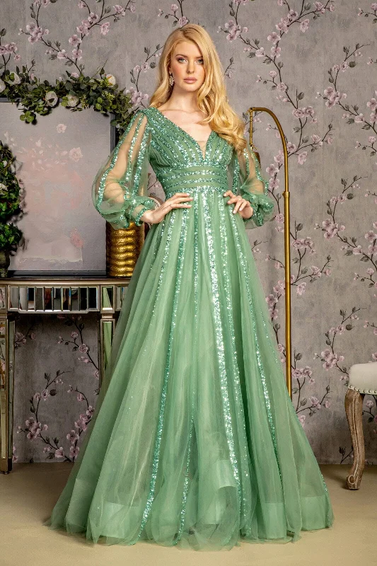 Wedding guest dresses with intricate lace work for added sophistication -Sequin Long Sleeve A-line Mesh Gown by GLS Gloria GL3495 Wedding guest dresses with intricate lace work for added sophistication -Sequin Long Sleeve A-line Mesh Gown by GLS Gloria GL3495