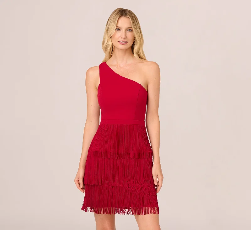 Wedding guest dresses with classic fit-and-flare silhouettes -One Shoulder Fringe Mini Dress In Matador Red Wedding guest dresses with classic fit-and-flare silhouettes -One Shoulder Fringe Mini Dress In Matador Red