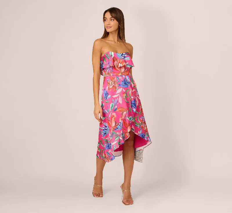 Best wedding guest dresses for rustic-themed celebrations -Tropical Floral Sateen Strapless Midi Dress With Ruffle Accent In Pink Multi Best wedding guest dresses for rustic-themed celebrations -Tropical Floral Sateen Strapless Midi Dress With Ruffle Accent In Pink Multi