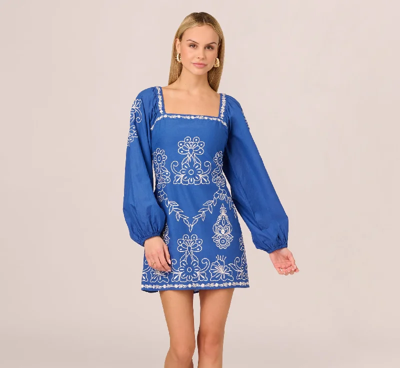 Spring dresses for a cozy evening with a warm jacket -Long Sleeve Embroidered Cotton Mini Dress In Blue White