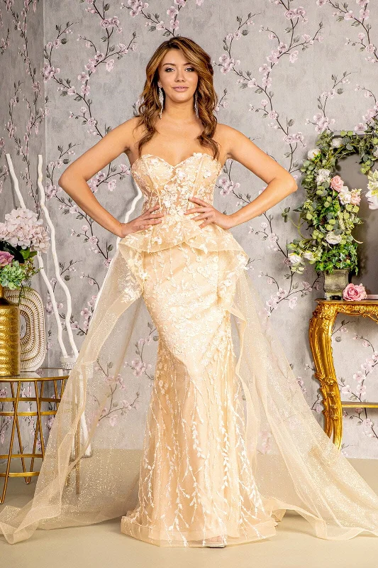formal dresses with satin fabric for smooth finish --Fitted Applique Strapless Overskirt Gown by GLS Gloria GL3256 formal dresses with satin fabric for smooth finish --Fitted Applique Strapless Overskirt Gown by GLS Gloria GL3256