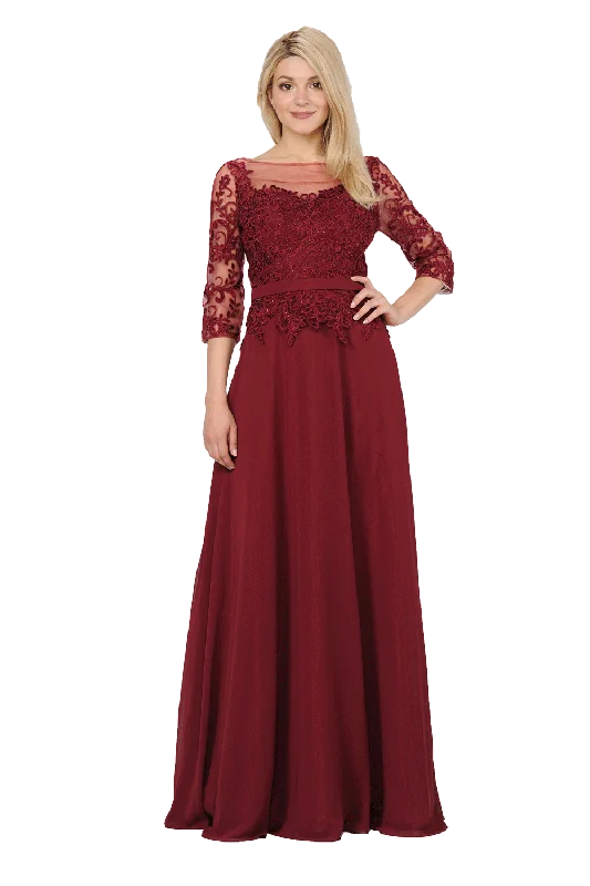 bridesmaid dresses with detachable trains for multiple looks --Long Chiffon Dress with Sheer Lace Sleeves by Poly USA 7598 bridesmaid dresses with detachable trains for multiple looks --Long Chiffon Dress with Sheer Lace Sleeves by Poly USA 7598