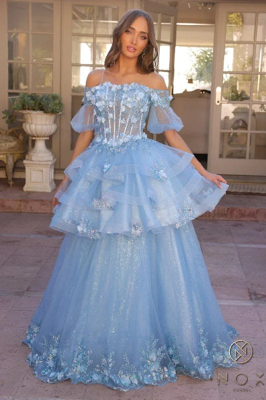 formal dresses for winter weddings with velvet and long sleeves --3D Floral Off Shoulder Ball Gown with Shorts by Nox Anabel H1360 formal dresses for winter weddings with velvet and long sleeves --3D Floral Off Shoulder Ball Gown with Shorts by Nox Anabel H1360