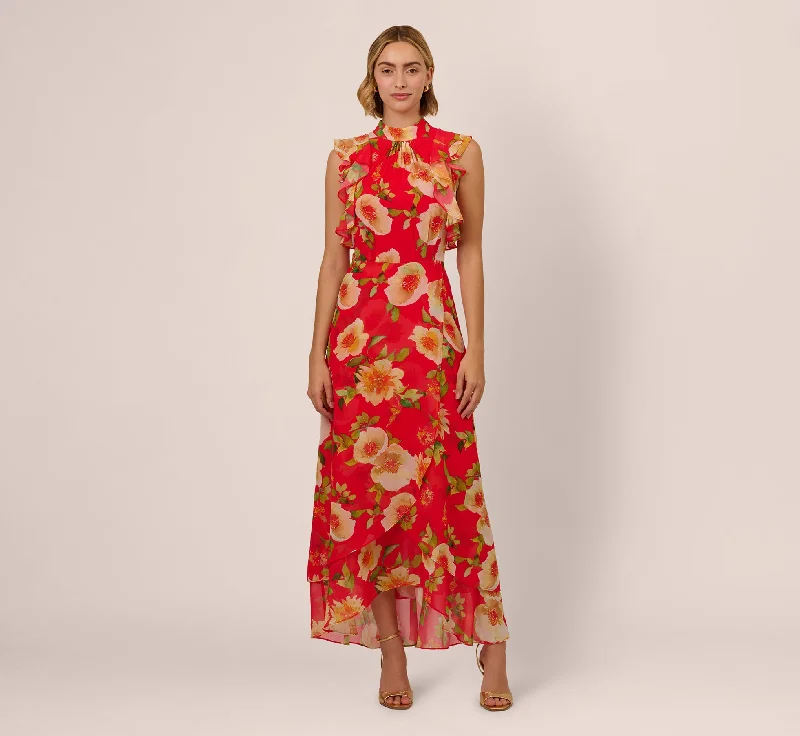 Affordable floral spring dresses for under $100 -Printed Chiffon Mock Neck Ankle Dress In Coral Multi Affordable floral spring dresses for under $100 -Printed Chiffon Mock Neck Ankle Dress In Coral Multi