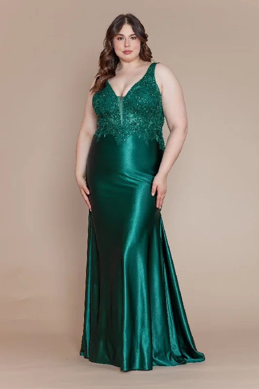 Wedding guest dresses for destination weddings by the sea -Plus Size Fitted Embroidered V-Neck Gown by Poly USA W1160 Wedding guest dresses for destination weddings by the sea -Plus Size Fitted Embroidered V-Neck Gown by Poly USA W1160