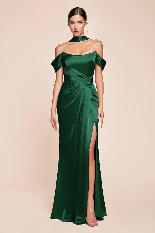bridesmaid dresses with floral prints for spring weddings --Satin Fitted Off Shoulder Slit Gown by Ladivine 7452 bridesmaid dresses with floral prints for spring weddings --Satin Fitted Off Shoulder Slit Gown by Ladivine 7452