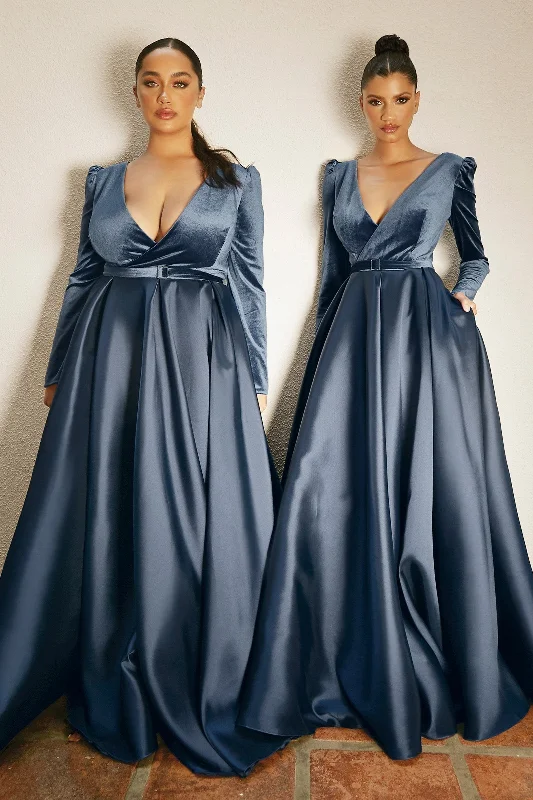 long bridesmaid dresses with side slits for ease of movement --Long Sleeve Velvet Gown by Cinderella Divine CD226 long bridesmaid dresses with side slits for ease of movement --Long Sleeve Velvet Gown by Cinderella Divine CD226