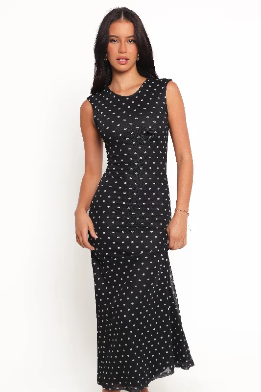 Graduation dresses for different body types with flattering cuts -Drea Maxi Dress - Black Polka Dot
