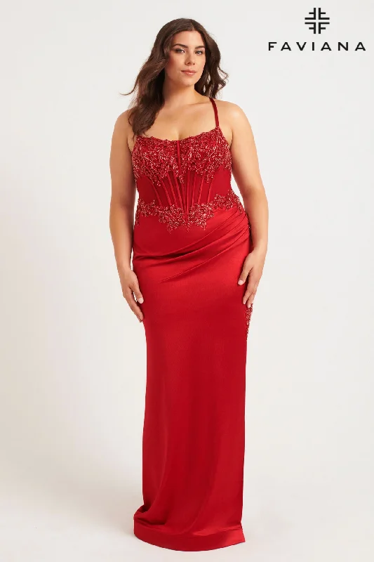 cocktail dresses with floral appliques for spring vibes --Plus Size Beaded Satin Corset Gown by Faviana 9592 cocktail dresses with floral appliques for spring vibes --Plus Size Beaded Satin Corset Gown by Faviana 9592