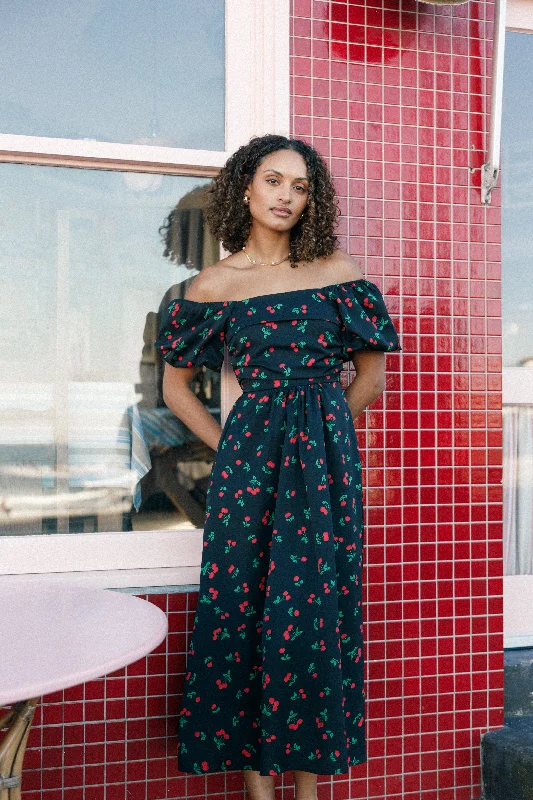 High-waisted spring dresses for a flattering fit -Chlo Puff Sleeve Midi Dress - Cherry Print High-waisted spring dresses for a flattering fit -Chlo Puff Sleeve Midi Dress - Cherry Print