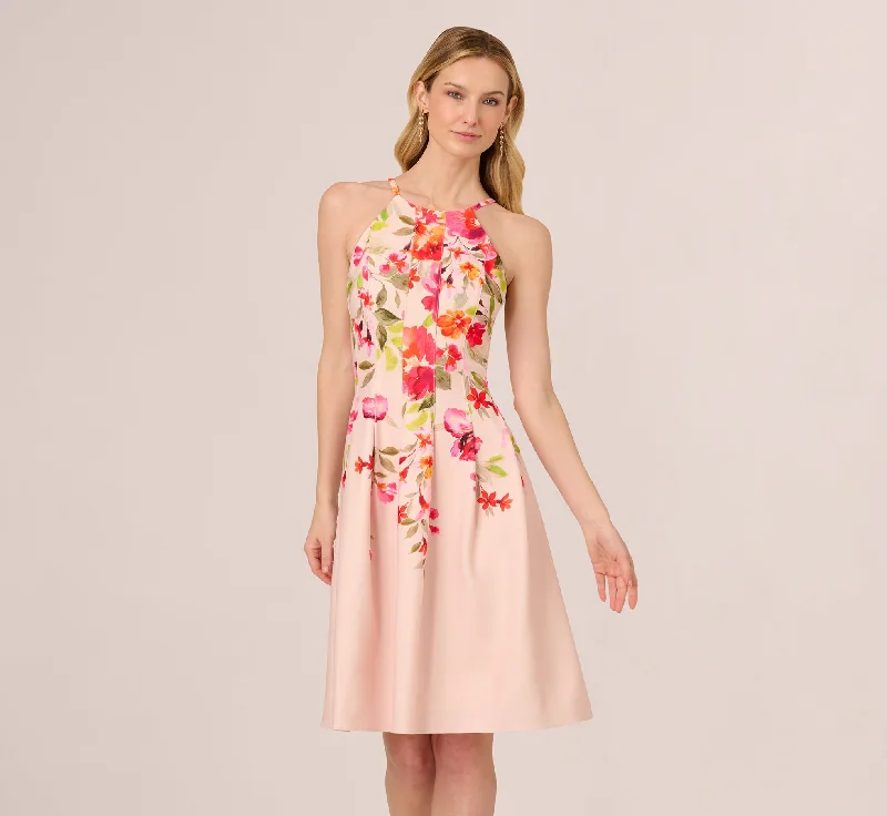 Short spring dresses for warmer days with chic designs -Floral Fit And Flare Halter Midi Dress In Champagne Multi Short spring dresses for warmer days with chic designs -Floral Fit And Flare Halter Midi Dress In Champagne Multi