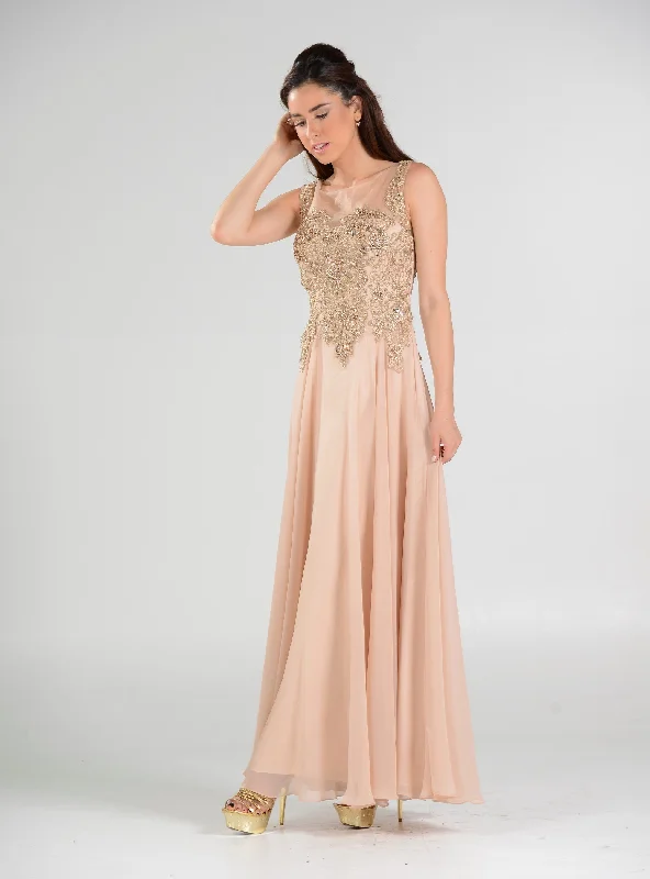 Wedding guest dresses with cap sleeves for a graceful look -Long Chiffon Dress with Lace Applique Bodice by Poly USA 7644 Wedding guest dresses with cap sleeves for a graceful look -Long Chiffon Dress with Lace Applique Bodice by Poly USA 7644
