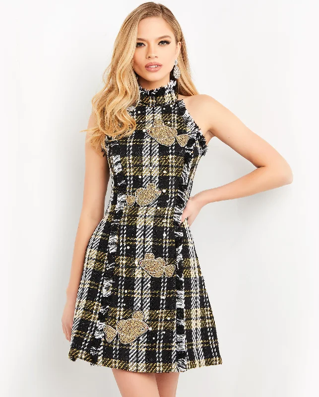 Winter party dresses with fur details -Plaid Short Halter A-line Dress by Jovani M03286 Winter party dresses with fur details -Plaid Short Halter A-line Dress by Jovani M03286