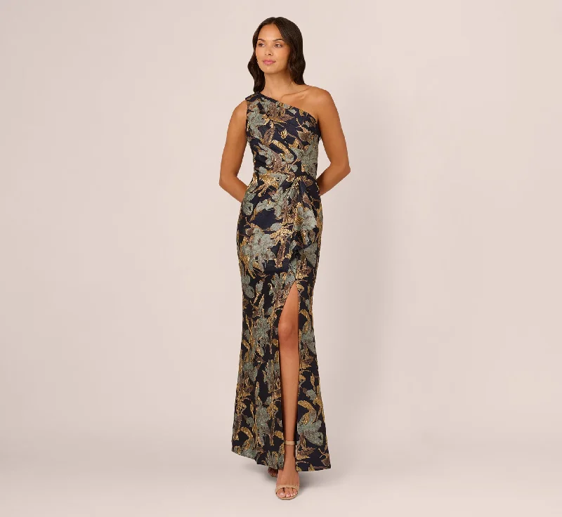 formal dresses with adjustable waist ties for comfort --One Shoulder Jacquard Dress In Blue Gold formal dresses with adjustable waist ties for comfort --One Shoulder Jacquard Dress In Blue Gold