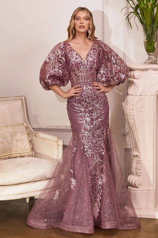 Elegant wedding guest dresses for formal evening events -Puff Sleeve Glitter Gown by Cinderella Divine OC009 - Outlet Elegant wedding guest dresses for formal evening events -Puff Sleeve Glitter Gown by Cinderella Divine OC009 - Outlet