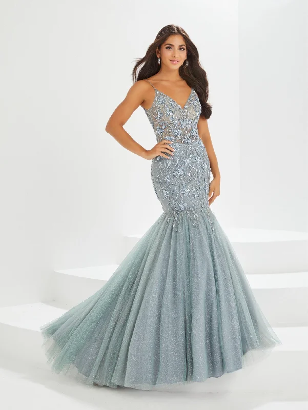 cocktail dresses with mesh necklines for modern appeal --Beaded Sheer Corset Mermaid Dress by Tiffany Designs 16025
