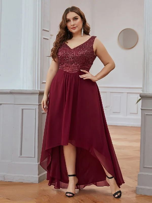 formal dresses with satin fabric for smooth texture --Elegant Paillette & Chiffon V-neck Sleeveless Plus Size Wholesale Evening Dresses