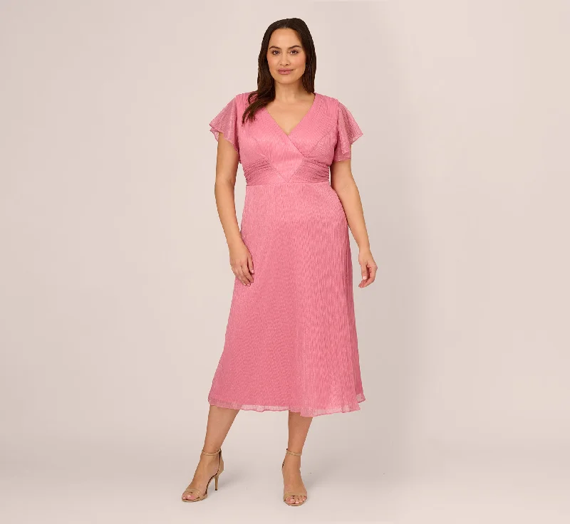 Spring dresses with a ruffle hem for extra flair -Plus Size Crinkle Mesh Midi Dress With Flutter Sleeves In Faded Rose Spring dresses with a ruffle hem for extra flair -Plus Size Crinkle Mesh Midi Dress With Flutter Sleeves In Faded Rose