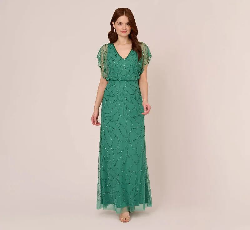 formal dresses with open backs and crisscross straps --Beaded Blouson Mermaid Gown With Sheer Dolman Sleeves In Jungle Green formal dresses with open backs and crisscross straps --Beaded Blouson Mermaid Gown With Sheer Dolman Sleeves In Jungle Green