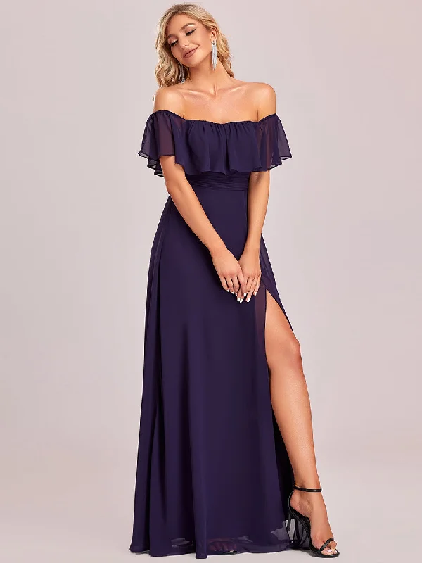 Statement dresses for fashion-forward partygoers -Off Shoulder Ruffle Thigh Split Wholesale Bridesmaid Dresses Statement dresses for fashion-forward partygoers -Off Shoulder Ruffle Thigh Split Wholesale Bridesmaid Dresses