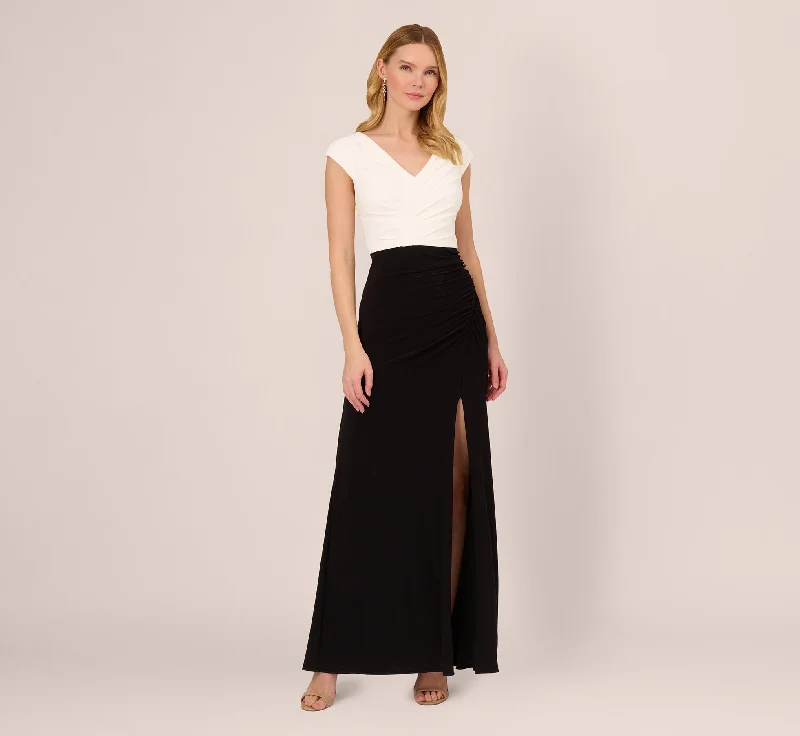 formal dresses for cocktail parties with fitted silhouettes --Colorblock Mermaid Gown With Pleated Details In Black Ivory formal dresses for cocktail parties with fitted silhouettes --Colorblock Mermaid Gown With Pleated Details In Black Ivory