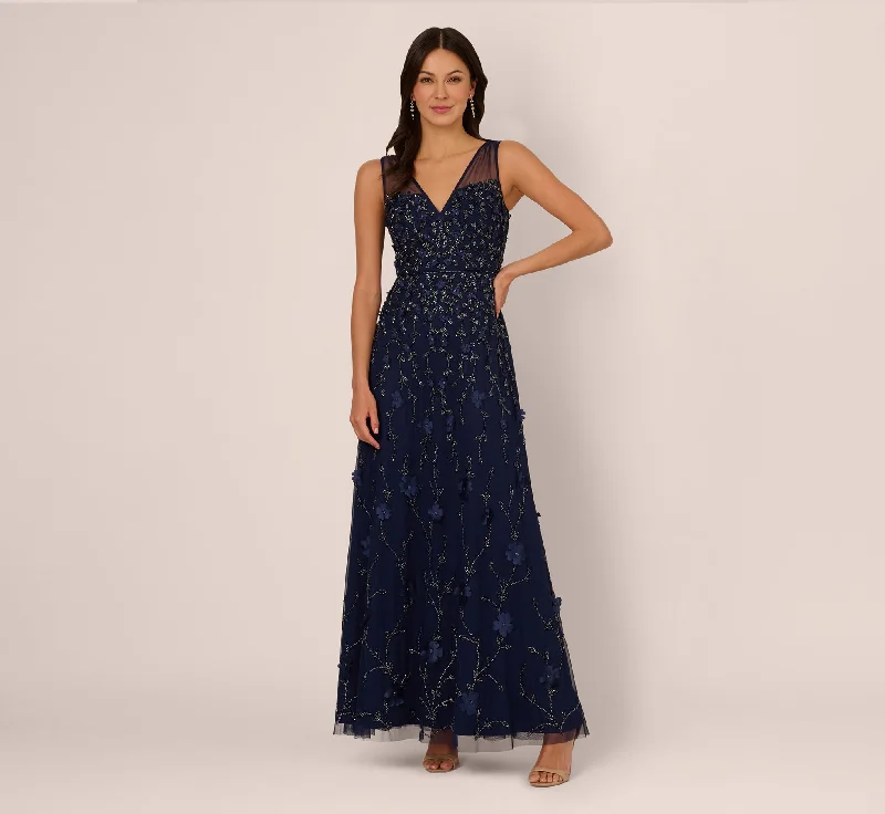 Easy-to-style wedding guest dresses for effortless chic looks -Sleeveless Illusion 3D Petal Beaded Gown In Light Navy Easy-to-style wedding guest dresses for effortless chic looks -Sleeveless Illusion 3D Petal Beaded Gown In Light Navy