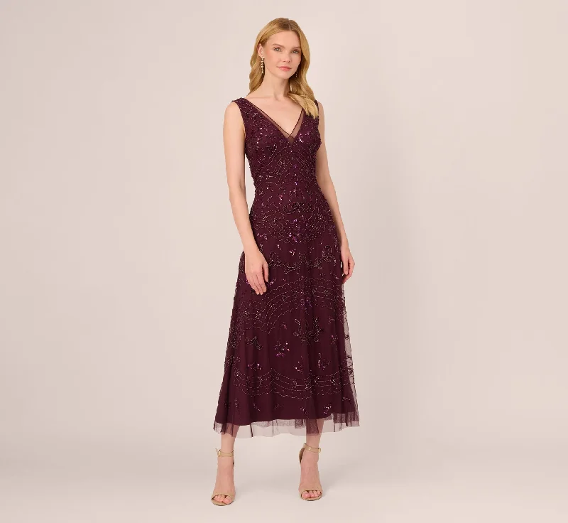 formal dresses for maternity with stretchy waistbands --Hand-Beaded Ankle-Length Dress In Night Plum