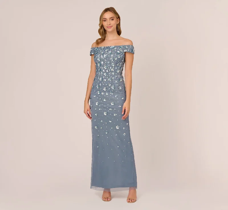 formal dresses for tall women with empire waistlines --Off Shoulder Dress With Floral Embellishment In Vintage Blue formal dresses for tall women with empire waistlines --Off Shoulder Dress With Floral Embellishment In Vintage Blue