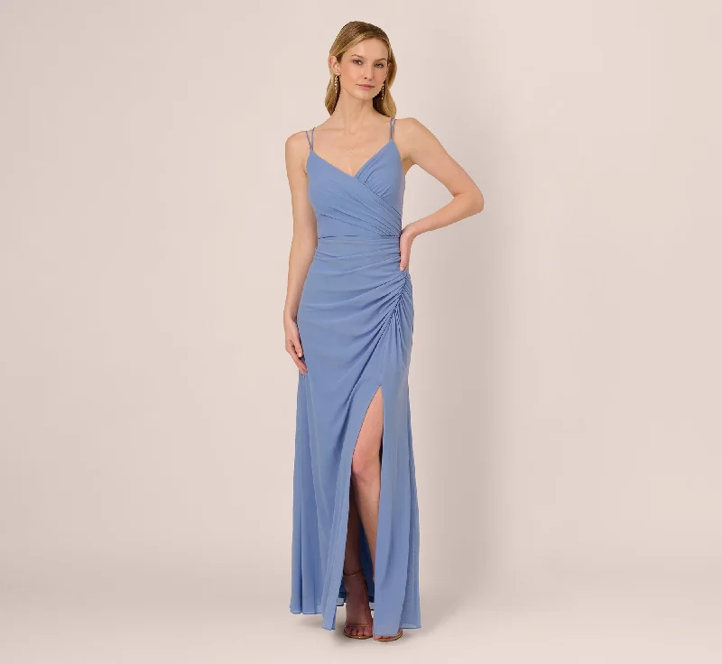 formal dresses for bridesmaids in matching pastel colors --Sleeveless Mesh Gathered And Draped Gown In French Blue formal dresses for bridesmaids in matching pastel colors --Sleeveless Mesh Gathered And Draped Gown In French Blue