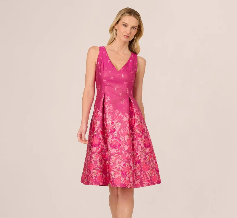 Trendy spring dresses for the office -V Neck Floral Hem Jacquard Midi Dress In Pink Multi Trendy spring dresses for the office -V Neck Floral Hem Jacquard Midi Dress In Pink Multi