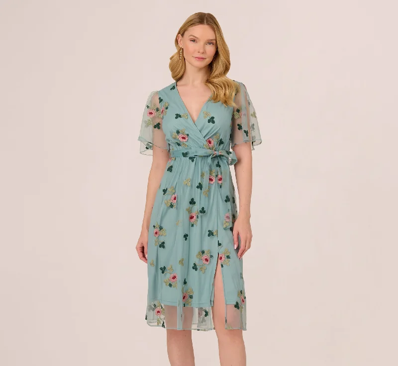 Elegant wedding guest dresses with delicate lace detailing -Flutter Sleeve Surplice Embroidered Midi Dress In Slate Multi Elegant wedding guest dresses with delicate lace detailing -Flutter Sleeve Surplice Embroidered Midi Dress In Slate Multi