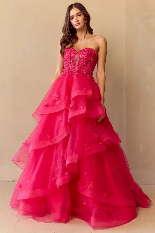 cocktail dresses with off-shoulder ruffles for feminine vibe --Strapless A-line Layered Gown by Amelia Couture 4900