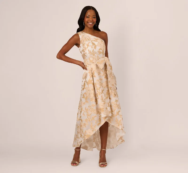 formal dresses with lace necklines for feminine touch --One Shoulder Organza Jacquard High Low Gown In Champagne Ivory formal dresses with lace necklines for feminine touch --One Shoulder Organza Jacquard High Low Gown In Champagne Ivory