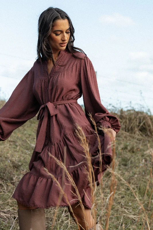 Spring dresses for vacation with an easy-to-wear style -Pierce Long Sleeve Mini Dress - Dark Wine Spring dresses for vacation with an easy-to-wear style -Pierce Long Sleeve Mini Dress - Dark Wine