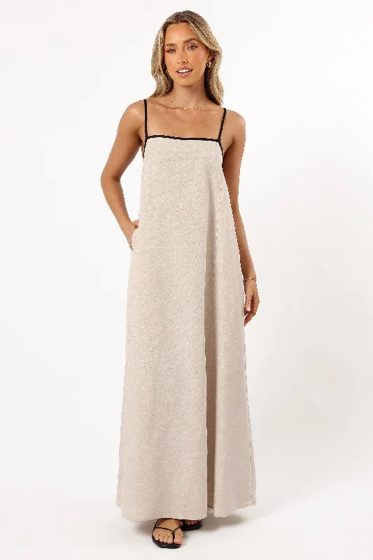 Spring dresses with denim jackets for a casual look -Elliana Maxi Dress - Beige