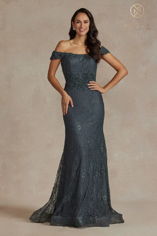 Wedding guest dresses with tulle for a whimsical touch -Fitted Off Shoulder Lace Gown by Nox Anabel JQ501 - Outlet Wedding guest dresses with tulle for a whimsical touch -Fitted Off Shoulder Lace Gown by Nox Anabel JQ501 - Outlet