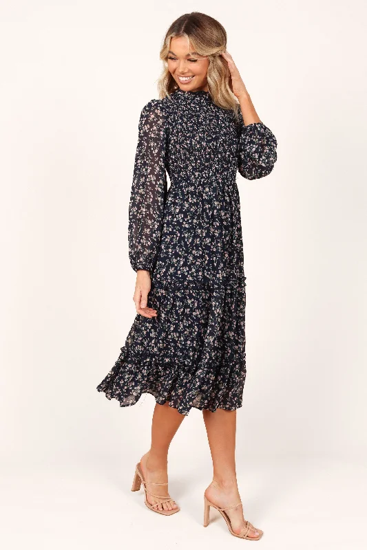 Spring dresses for formal dinners and events -Edwina Shirred Frill Long Sleeve Midi Dress - Navy Floral Spring dresses for formal dinners and events -Edwina Shirred Frill Long Sleeve Midi Dress - Navy Floral