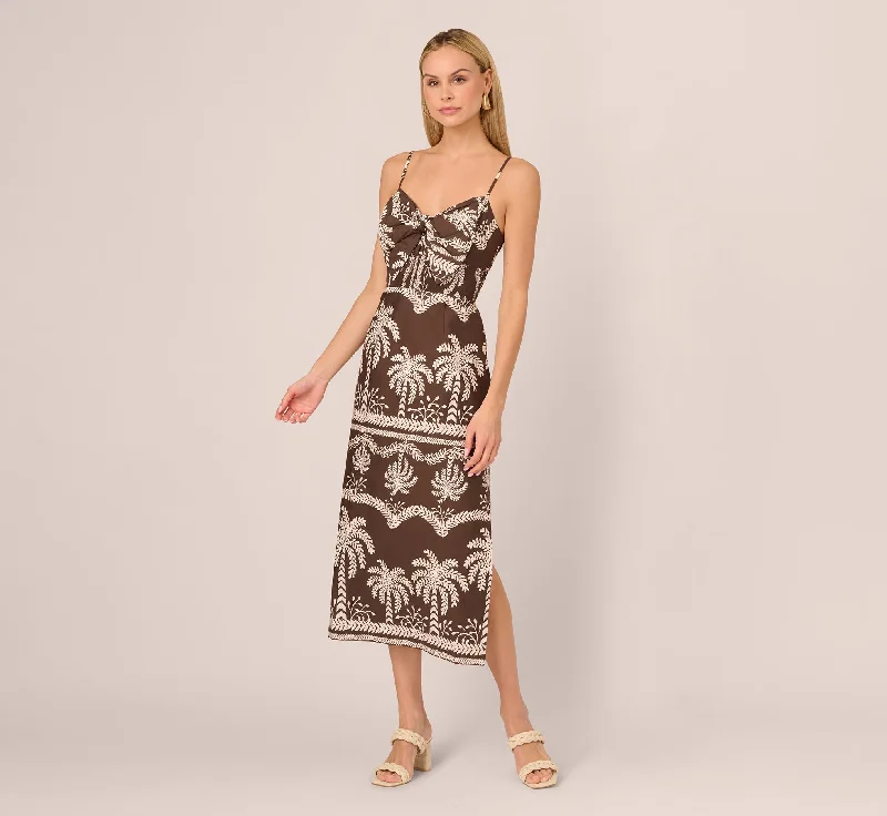 Wedding guest dresses for tropical beach weddings -Sleeveless Bow Front Palm Tree Sundress In Brown Ivory Wedding guest dresses for tropical beach weddings -Sleeveless Bow Front Palm Tree Sundress In Brown Ivory