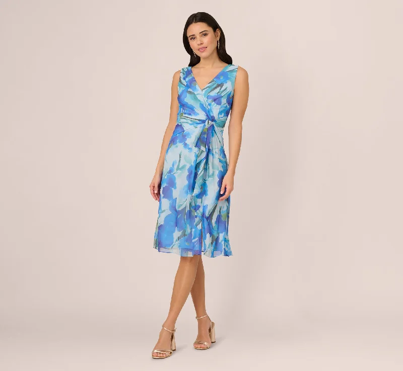 Wedding guest dresses with intricate beading for extra glamour -Sleeveless Draped Floral Chiffon Midi Sheath Dress In Blue Multi Wedding guest dresses with intricate beading for extra glamour -Sleeveless Draped Floral Chiffon Midi Sheath Dress In Blue Multi
