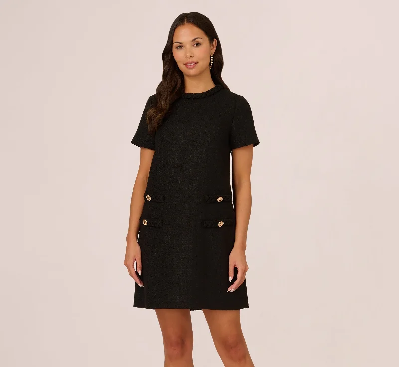 Long-sleeve spring dresses for outdoor gatherings -Tweed Sheath Dress With Short Sleeves In Black Long-sleeve spring dresses for outdoor gatherings -Tweed Sheath Dress With Short Sleeves In Black