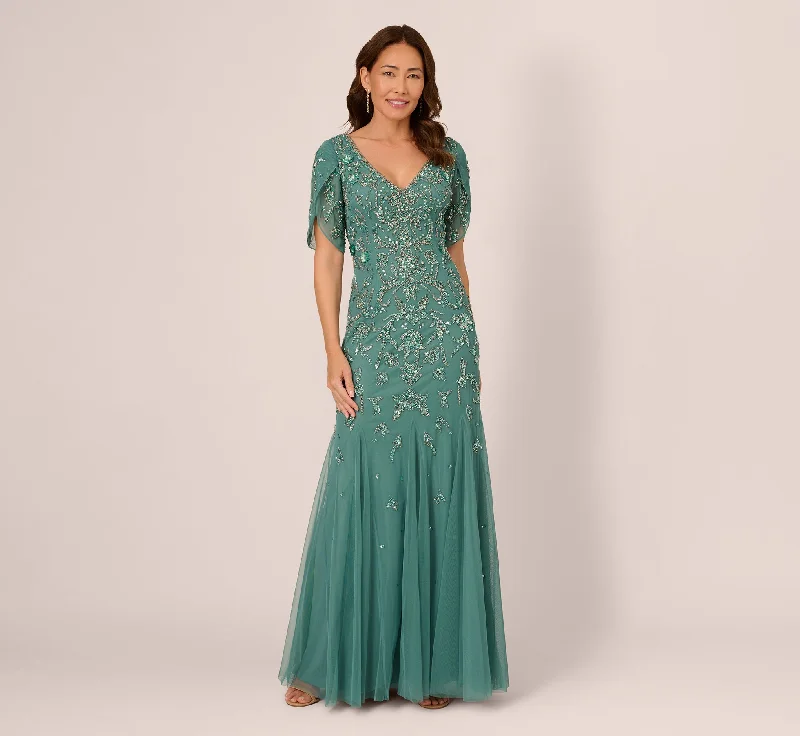 formal dresses with satin sashes for waist accentuation --Beaded Mermaid Gown With Sheer Petal Sleeves In Green Slate
