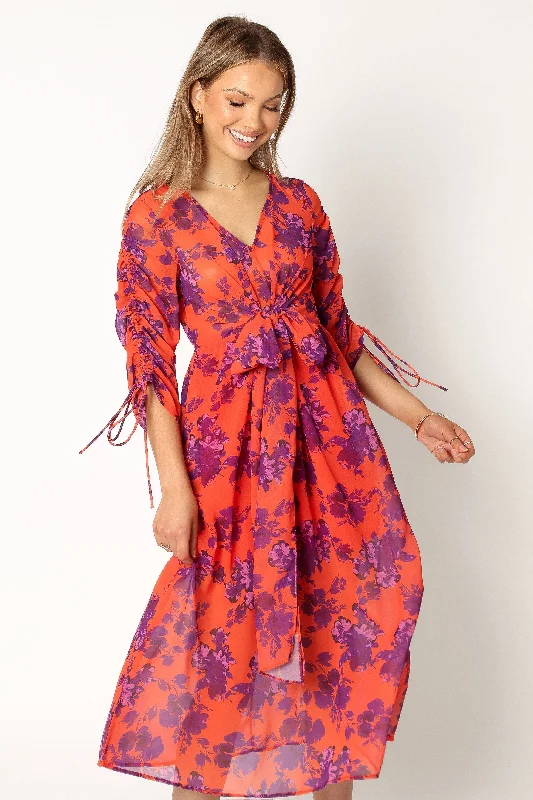 Bright-colored spring dresses for a bold statement -Hallie Midi Floral Dress - Red Wine Bright-colored spring dresses for a bold statement -Hallie Midi Floral Dress - Red Wine
