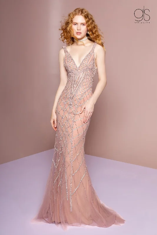 cocktail dresses with mesh sleeves for subtle coverage --Bead Embellished V-Neck Trumpet Dress by GLS Gloria GL2701 cocktail dresses with mesh sleeves for subtle coverage --Bead Embellished V-Neck Trumpet Dress by GLS Gloria GL2701