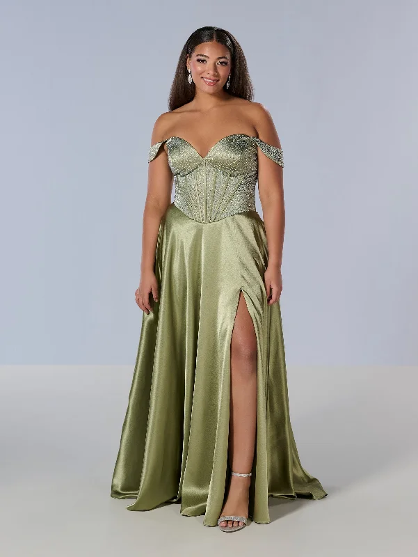 cocktail dresses with wrap style for adjustable fit --Curvy Beaded Off Shoulder Gown by Tiffany Designs 16204
